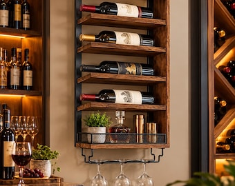 May include: A wall-mounted wine rack featuring four wooden shelves holding wine bottles, a bottom shelf with a black metal mesh guard containing a glass decanter and a small potted plant, and a rack underneath for three hanging wine glasses.