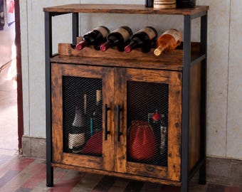 Rustic Wine Bar Cabinet with Detachable Wine Rack, Glass Holder & Mesh Doors, Farmhouse Coffee Bar Sideboard Buffet, Liquor Storage Cabinet