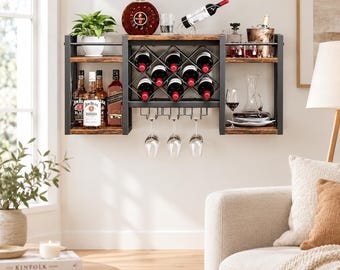 Wall Mounted Wine Rack with Glass Holder | Industrial Rustic Bar Shelf | Wine Bottle & Liquor Storage | Kitchen Bar Decor