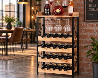 May include: A freestanding wine rack featuring a black metal frame and four light wood shelves. The top shelf holds two bottles and two wine glasses, with additional hanging glass racks. Three lower shelves store sixteen wine bottles total.