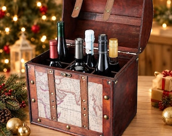 Vintage Map Wine Chest | Wooden Treasure Box Holds 6 Bottles | Faux Leather & Brass | Wine Lover Gift, Housewarming, Bar Decor