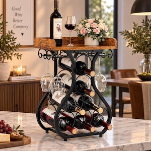 May include: A black metal wine rack with a rustic brown wooden top shelf. The rack features a curved frame design, storage for six wine bottles in a stacked configuration, and integrated hanging racks for wine glasses underneath the top shelf.