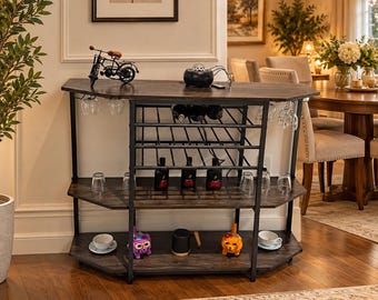 Industrial Wine Bar Cabinet with Power Outlet | Rustic Wood Coffee Bar Table with Wine Rack Glass Holder | Kitchen Liquor Cabinet Furniture