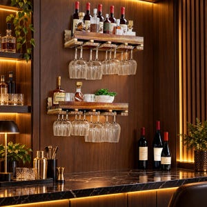 May include: Two rustic wooden wall-mounted shelves featuring integrated racks for hanging clear glass stemware. The shelves hold various glass bottles of spirits and wine, with additional bottles and glassware displayed on the counter below.