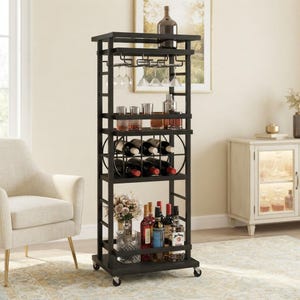 4-Tier Bar Cart with Wheels, Rolling Wine & Drink Cart, Wine Rack Glass Holder, Mobile Serving Cart for Kitchen, Dining Home Bar