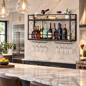 May include: A black metal wall-mounted liquor shelf with two wooden tiers and integrated stemware racks. The top shelf holds a wine bottle, a glass, and a small bowl. The bottom shelf displays various liquor bottles, with eight wine glasses hanging below.