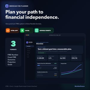 Op de afbeelding: Een digitaal financieel planningstool genaamd Meridian Fire Planner, met een donkere interface en witte tekst. Het biedt drie formaten: HTML-app, Excel en Google Sheets. Het dashboard toont financiële statistieken, het FIRE-getal, de huidige voortgang en groeiprognoses met blauwe en paarse lijnen.