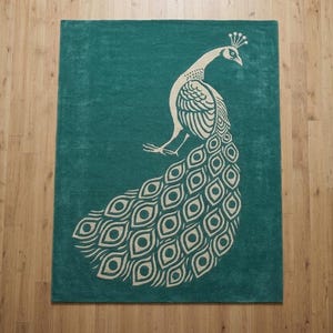 Handtuftad påfågelmatta i ull, blågrön art déco-matta i statement-stil 8x10, 9x12