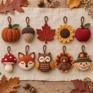 Può includere: Una collezione di dieci ornamenti all'uncinetto con motivi autunnali, tra cui una zucca, una ghianda, una foglia d'acero, un girasole, una mela, un fungo, un muso di volpe, un gufo, un tacchino e uno spaventapasseri, con un occhiello.