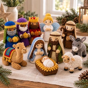 May include: A collection of crochet nativity figures including Mary, Joseph, baby Jesus in a manger, an angel, three wise figures, a camel, a donkey, and a sheep. Each figure is crafted with colourful yarn, featuring detailed facial expressions.