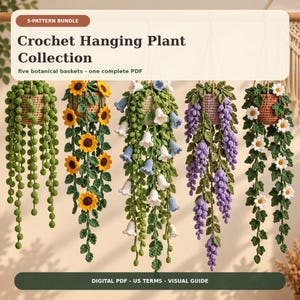 Op de afbeelding: Een digitaal PDF-pakket getiteld Crochet Hanging Plant Collection met vijf botanische manden. De afbeelding toont vijf gehaakte hangplanten met diverse bloemen en groen, waaronder zonnebloemen, klokjesbloemen, blauwe regen en madeliefjes.
