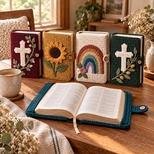 May include: A collection of five rectangular crochet book covers featuring various designs including a white cross with green vines, a yellow sunflower, a colourful rainbow with a small flower, and a white cross with green leaves and yellow berries.