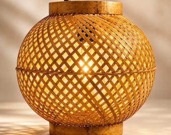 Handgemaakte bamboe hanglampenkap, 8,5 inch bolvormige lampkap, boho plafonddecoratie, rustieke keuken, eetkamer, café, huisverlichting cadeau