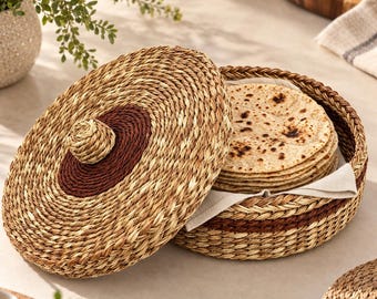Handmade Sabai Grass Roti Chapati Box with Lid, 9.8x4 Inch Natural Bread Basket, Indian Kitchen Dining Table Decor, Eco-Friendly Gift Ideas