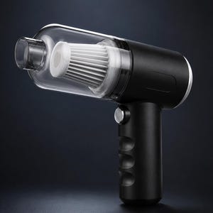 May include: A handheld vacuum cleaner with a matte black cylindrical body and a transparent dust canister. Inside the canister is a white pleated conical filter. The handle features a silver circular power button and three finger indentations.