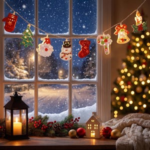 May include: A string of LED Christmas lights featuring cutouts of a red mitten, green tree, Santa Claus, snowman, red stocking, candy cane, bell, and candle. The lights are hung in front of a window with a snowy outdoor view.
