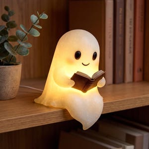 Può includere: Una lampada luminosa e traslucida a forma di fantasma bianco con una consistenza liscia e scintillante. Il fantasma ha due occhi ovali neri e una piccola bocca curva, e tiene in mano un piccolo libro aperto marrone scuro mentre emette una luce calda.