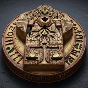 May include: A circular bronze-toned Millennium Tablet featuring intricate Egyptian-inspired carvings, including a central figure with wings, hieroglyphic symbols, and a scale motif. The base is inscribed with the text Millennium Tablet.