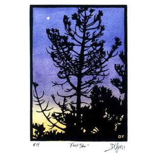 Linocut Art Print: Evening Sky, First Star, Watercolor Painting