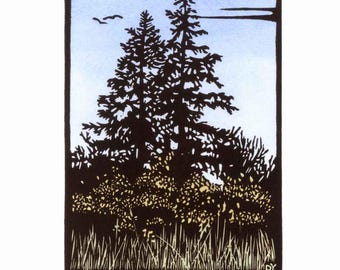 Inverness California Linocut Print: Tomales Bay Coastal Scene