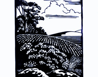 Handmade Linocut Print: California Vineyard Landscape Art