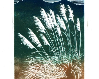 May include: A woodblock print of tall grass with a mountain range in the background. The print is in shades of green, brown, and white. The title "Pampas" is written at the bottom of the print.