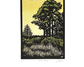 Yellow Skies Linocut Print: Oakland Hills Skyline, Hand-Painted Watercolor