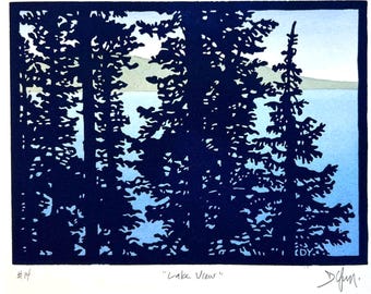 Sierra Nevada Lake Linoprint: California Landscape Block Print