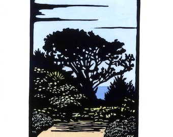 Point Reyes Tree Linocut Print: California Coastal Scenery
