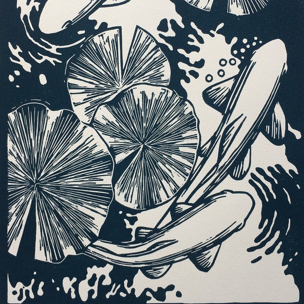 KOI POND - Linocut, original art print, hand printed, hand signed. Printed with a Prussian Blue safe wash oil based ink, hand pulled