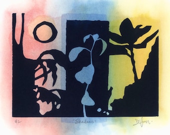 Botanical Shadow Print: Hand-Pulled Linocut with Watercolor