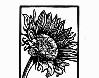 SUNFLOWER - Floral linocut, original art print, hand printed, hand signed, botanical art, limited edition, black and white sunflower print