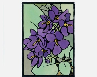 LAURIE'S VIOLETS - Floral linocut, hand painted botanical original art print, relief printmaking African Violets