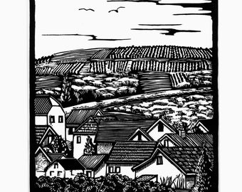 Hillside Vineyard Linocut Print: Hand-Pulled Limited Edition Art