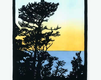 Monterey Sunset Linocut Print: Coastal Cypress Tree, Watercolor Wash