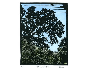 Acorn Creek Trail Linocut Print: California Landscape Art