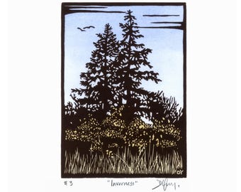 Inverness California Linocut Print: Tomales Bay Coastal Scene