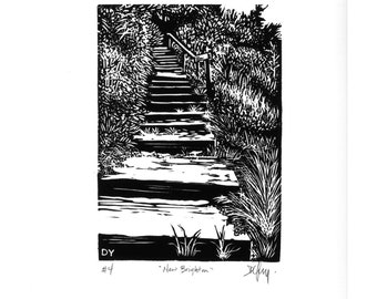 Beach Stairs Linocut Print: Santa Cruz New Brighton State Beach