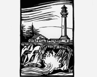 Point Arena Lighthouse Linocut Print: Mendocino Coast Block Print