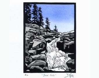 Bassi Falls Linocut Print: California Landscape Art, Signed