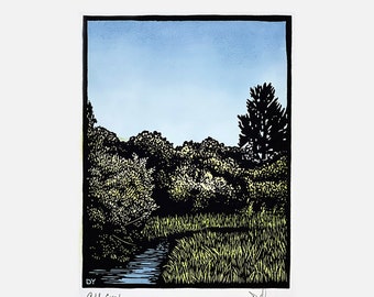 Cold Creek Lake Tahoe Linocut Print: Landscape Art
