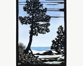 Blue Lake Tahoe Block Print: High Sierra Landscape Art (5x7 Image)