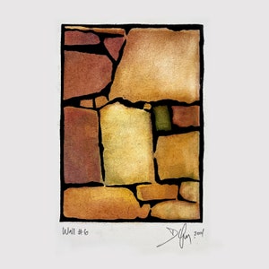 Hand Carved Linocut Print: Geometric Wall Stones Watercolor Art
