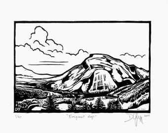 EMIGRANT GAP - Original art print, hand carved linocut print of Sierra Nevada mountains in California on the pioneer trail past Donner Pass