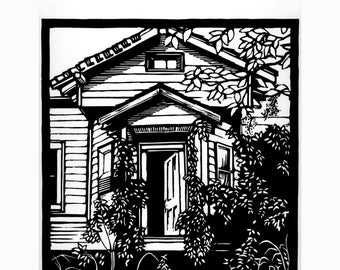 HELENA - Original Art Print, architecture linocut, old house, limited edition print, hand printed, numbered, signed by David Young