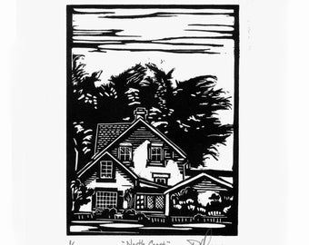 NORTH COAST- Original Handmade Relief Linocut Print, House with Trees on the California Coast, Hand Printed Signed limited Edition Print