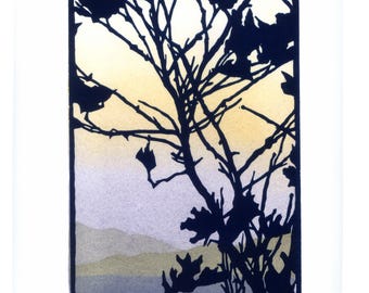 Linocut Print original hand pulled California morning mist limited edition relief print.