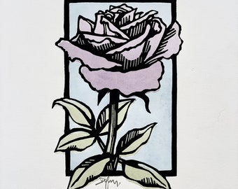 Watercolor Violet Rose Linocut Print: Botanical Art