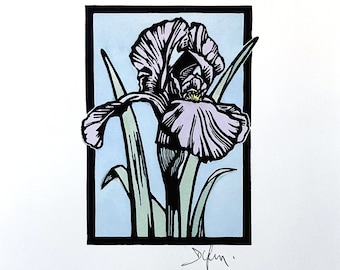 IRIS - Floral linocut, original art print, hand printed, hand signed, botanical art, original handmade relief linocut print, open edition