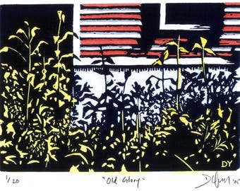Old Glory- Linocut block print of american flag image on a building